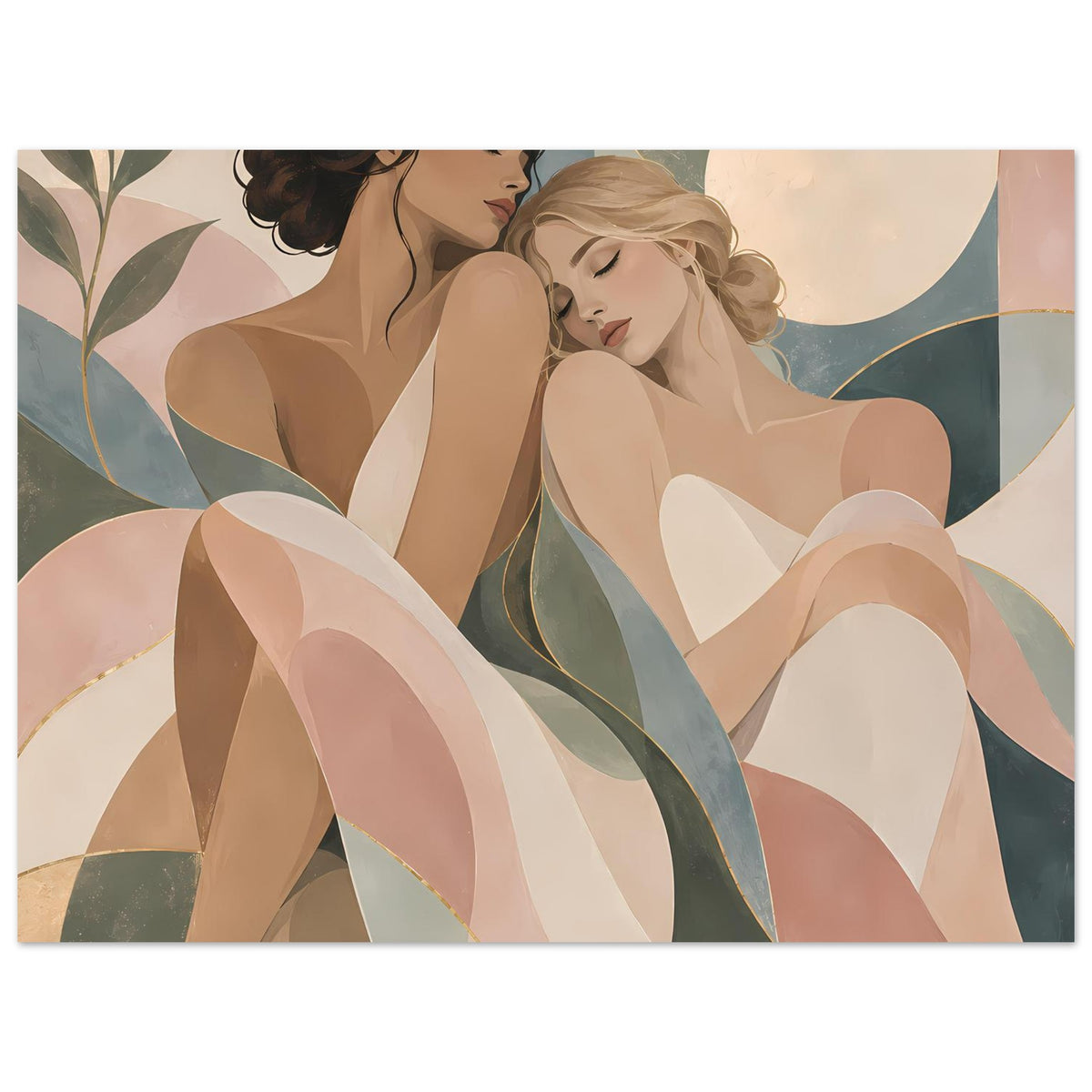 Kunstposter horizontal, Detailansicht: zwei Frauen im Profil, pastellfarbene Linien, Goldakzente