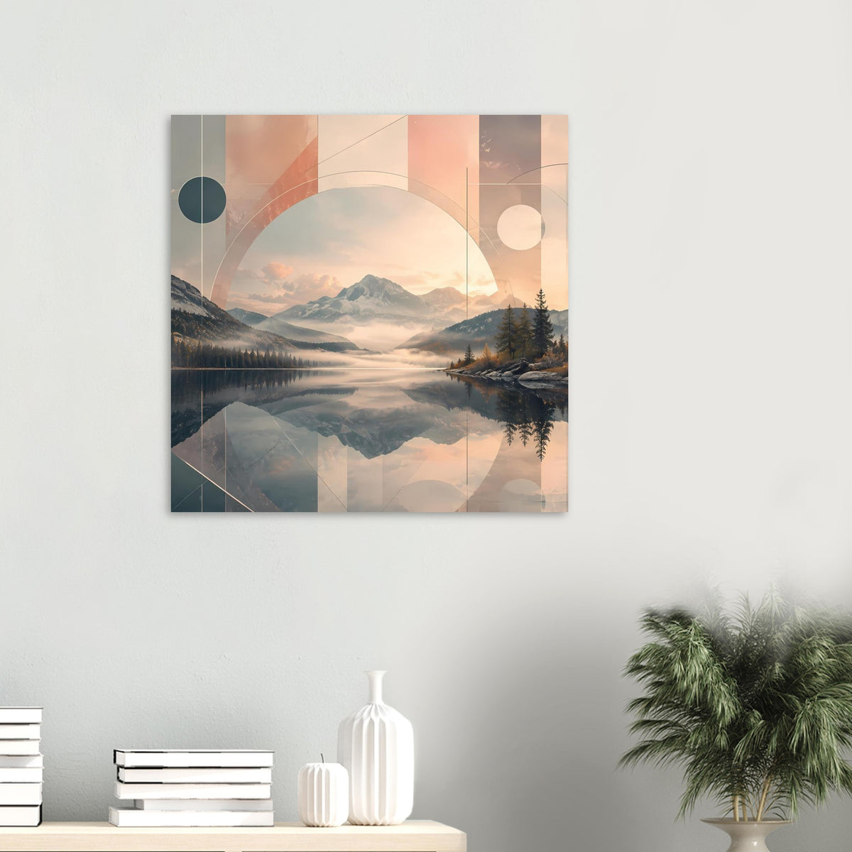 Quadratisches Poster mit abstrakter Bergsee-Landschaft in Pastellrosa, Blau und Beige
