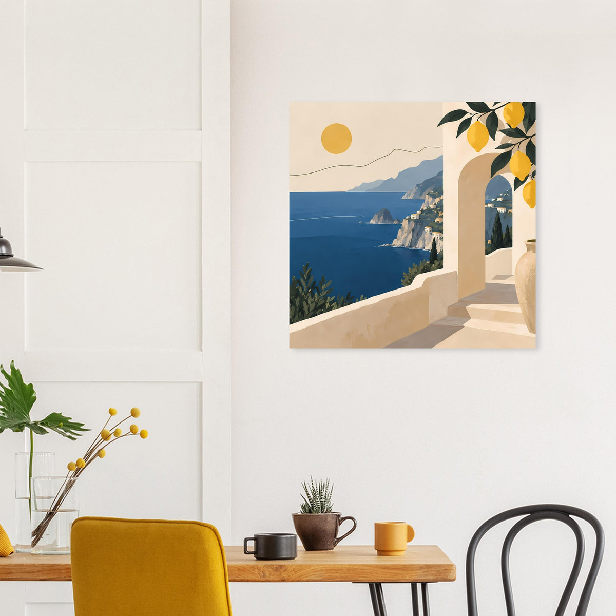 Küstenposter mit Meer, Treppe zum Bogen und Zitronenblättern