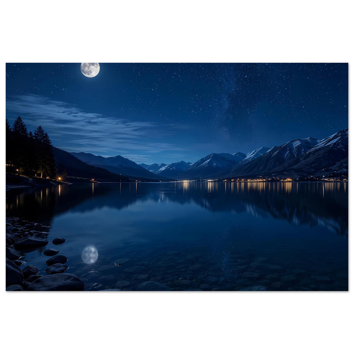Gerahmtes Poster im Querformat mit Mondlicht am Bergsee, Sternen, Bergen und ruhiger Spiegelung