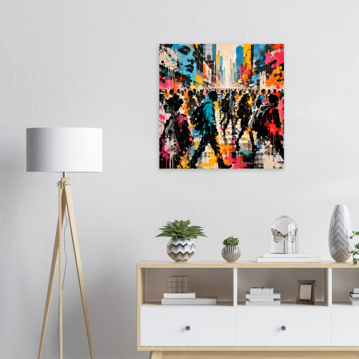 Street-Art-Poster mit Stadtspazierern, kräftigen Farbspritzern und Figuren in Schwarz, Blau, Pink
