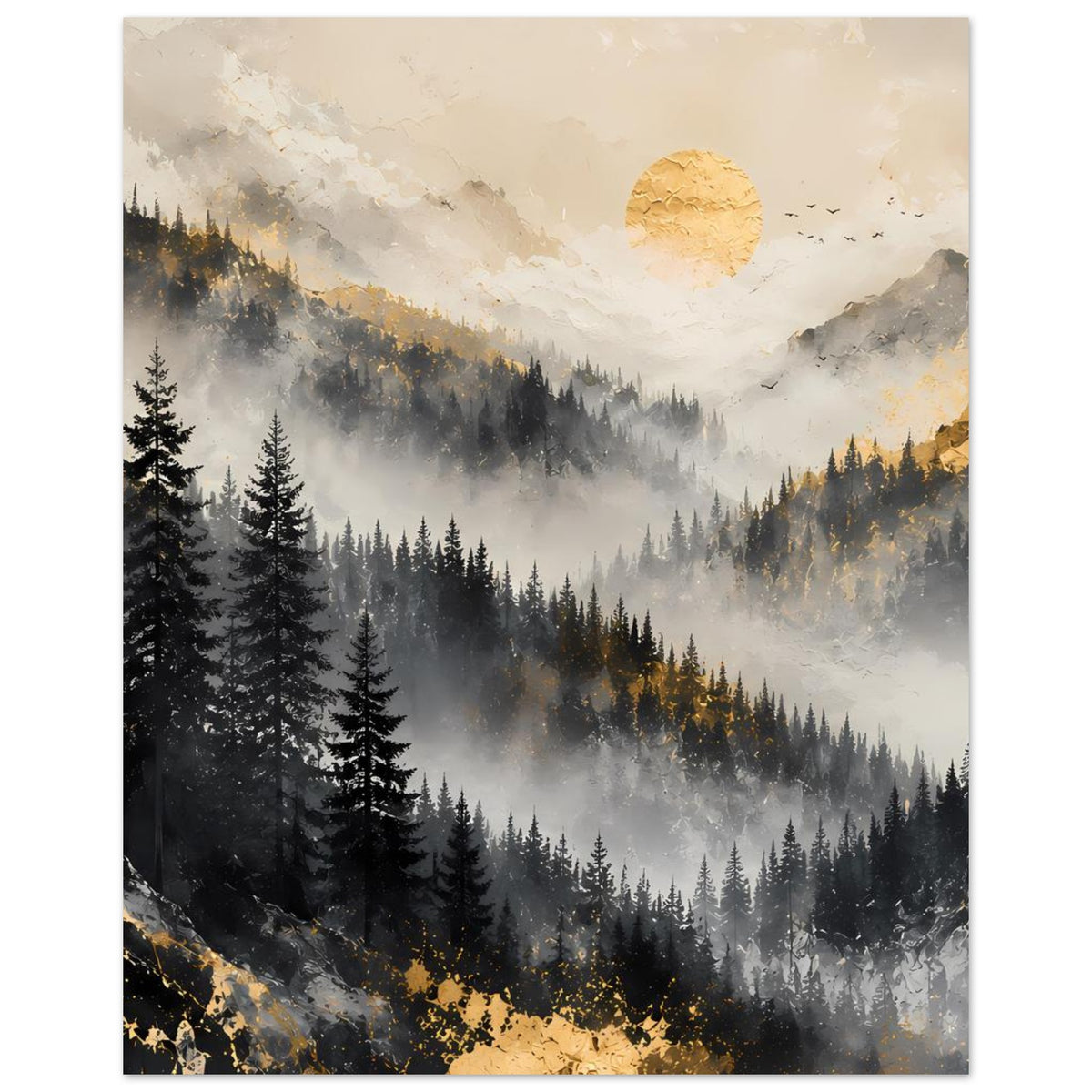 Berglandschaftsposter mit bewaldeten Hügeln, Nebel und goldenen Akzenten am unteren Rand