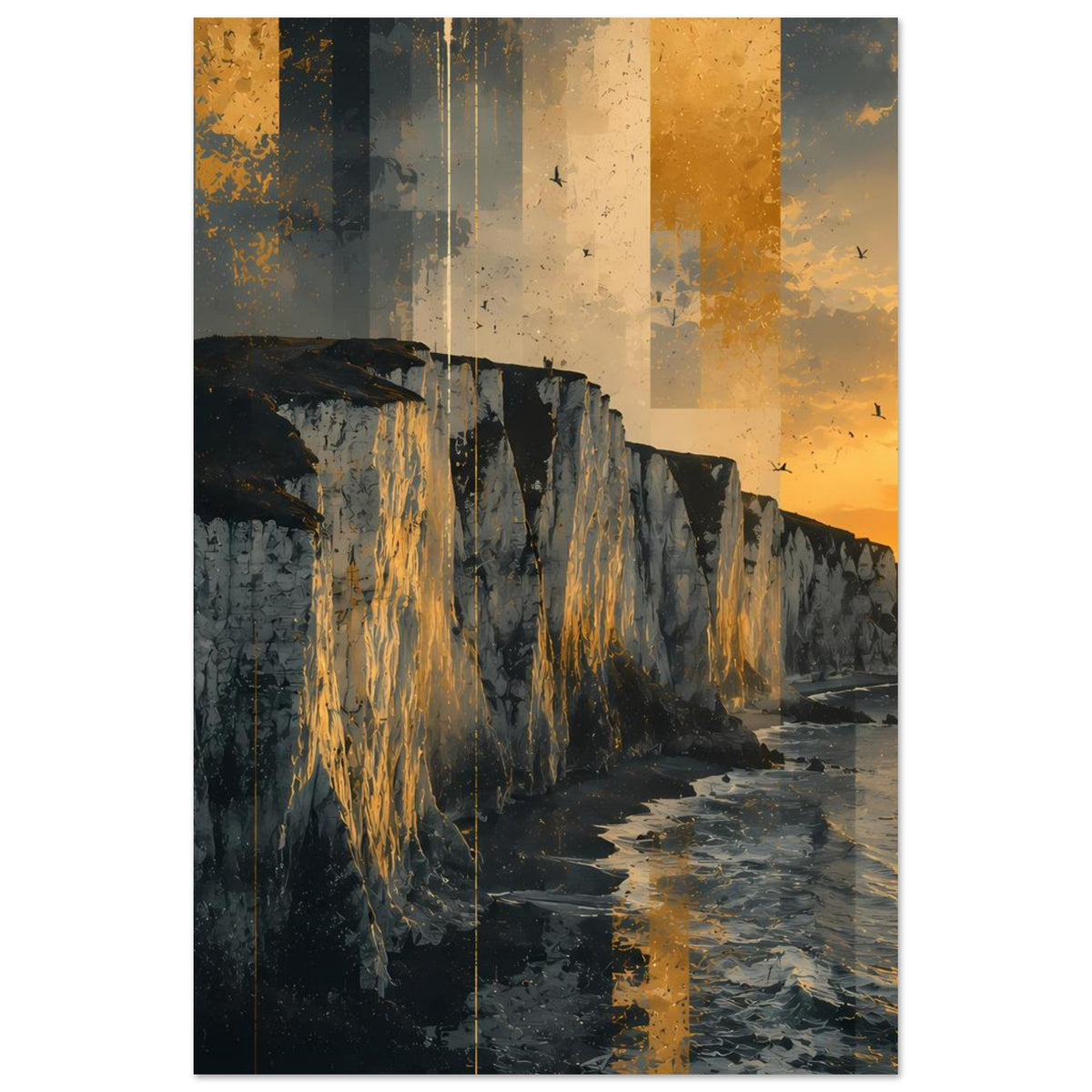 Poster mit Küstenlinie und Klippen, warmes Orange am Horizont, strukturierte Farbflecken