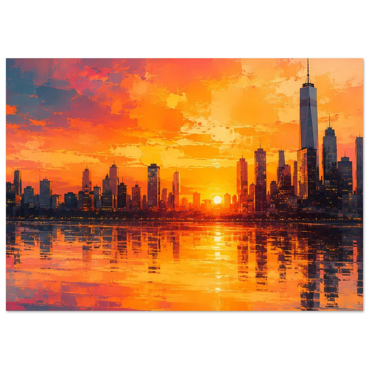Poster mit Großstadt-Skyline im Sonnenuntergang und Spiegelung im Wasser