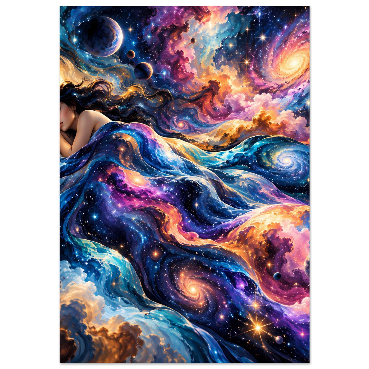 Galaxie-Wandposter im Hochformat mit Frau, Planeten, Sternen und farbigen Nebeln