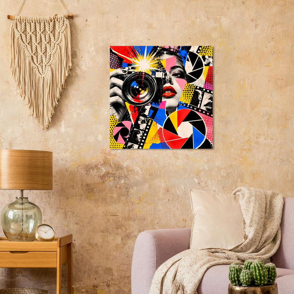 Pop-Art-Fotoposter mit Frauengesicht und Kamera, kontrastreiche Geometrie in kräftigen Farben.