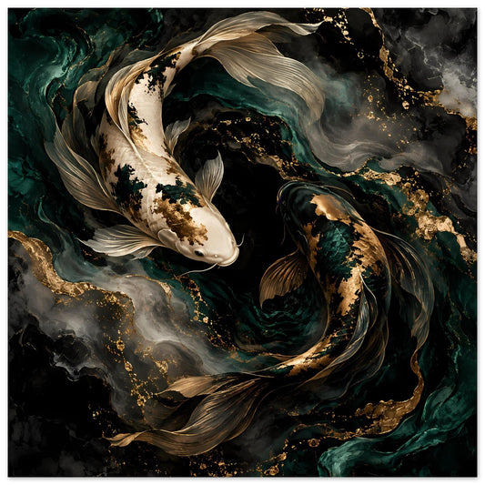 Koi-Fisch Kunstposter: zwei Koi in Wirbel, weißer Kopf, goldene Sprenkel, türkisgrüne Flossen