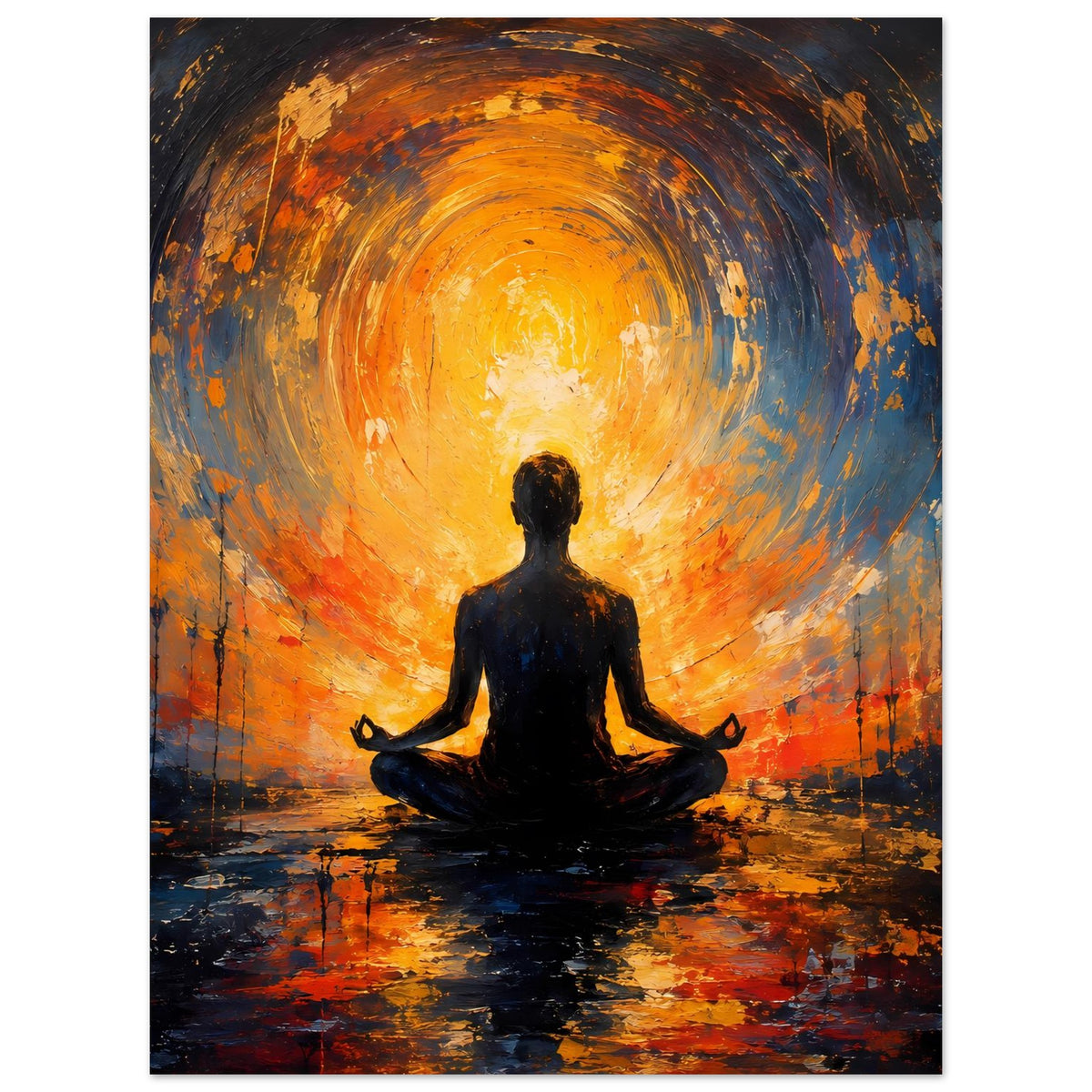 Abstraktes Poster mit Meditationsfigur im Lotussitz, orangefarbene Lichtmitte und blaue Kreise.
