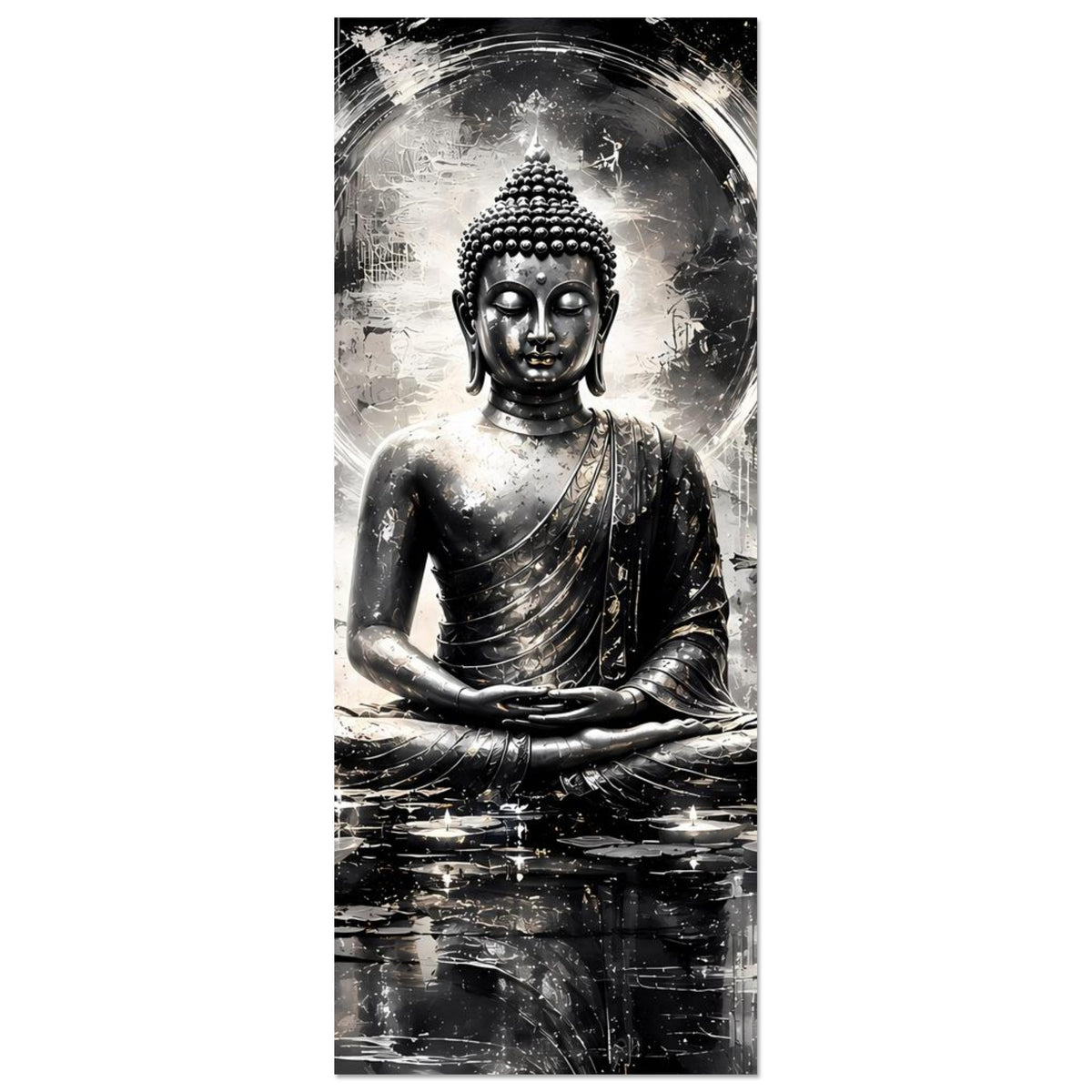 Hochformatiges Schwarzweißes Buddha-Kunstposter, sitzender Buddha mit Lichtring