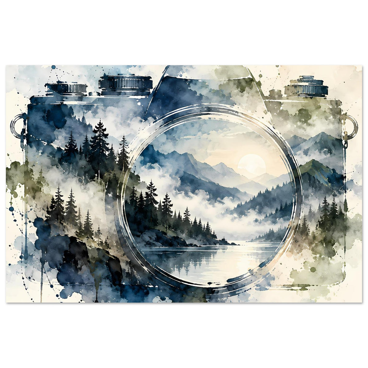 Querformatiges Aquarell-Poster mit Kamera-Illustration, Rundöffnung und Bergsee-Landschaft