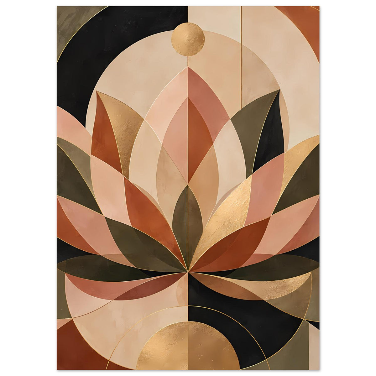 Poster mit geometrischem Lotusmotiv in warmen Erdtönen, goldene Akzente, schwarz-rosafarbene Formen.