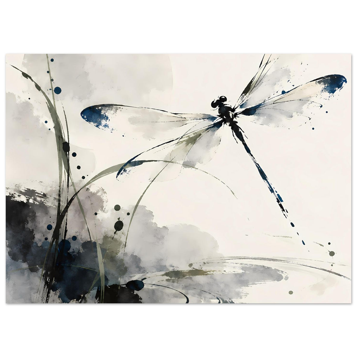 Querformat-Aquarell-Poster mit Libelle in Blau und Grau, kräftige Pinselstriche und Sprenkel.