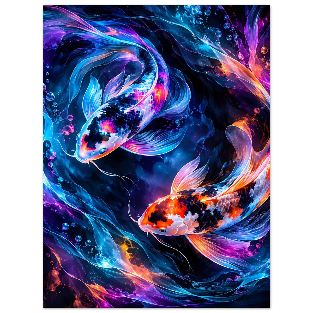 Vertikales Poster mit leuchtenden Koi-Fischen in Blau, Violett und Orange, mit Funken im Wasser