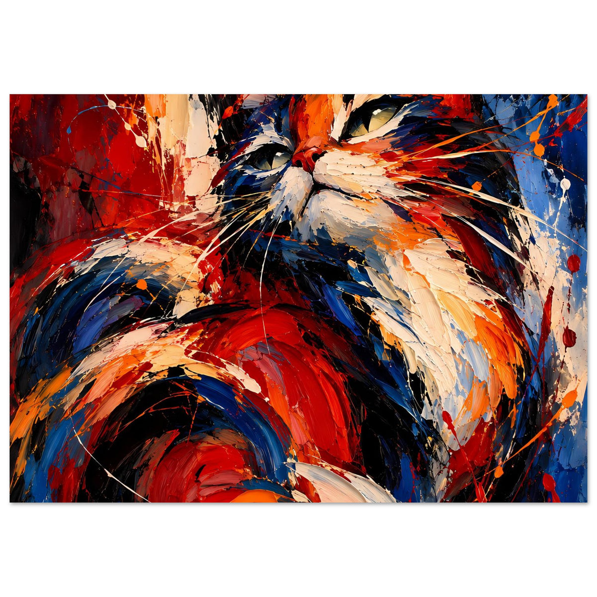 Querformat-Katzenposter, abstrakter Kopf mit kräftigen Rot- und Blauschwüngen sowie hellen Akzenten