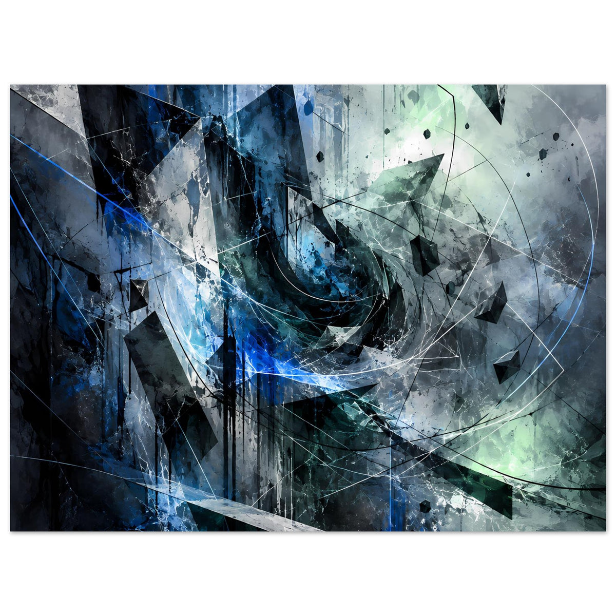 Abstraktes Kunstposter mit blauem Lichtband, grüner Krümmung und grauen Fragmenten