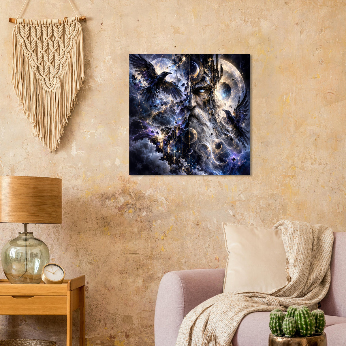 Fantasy-Poster mit Rabe, detailreichem Gesicht und Galaxie-Motiven in Blau und Dunkel