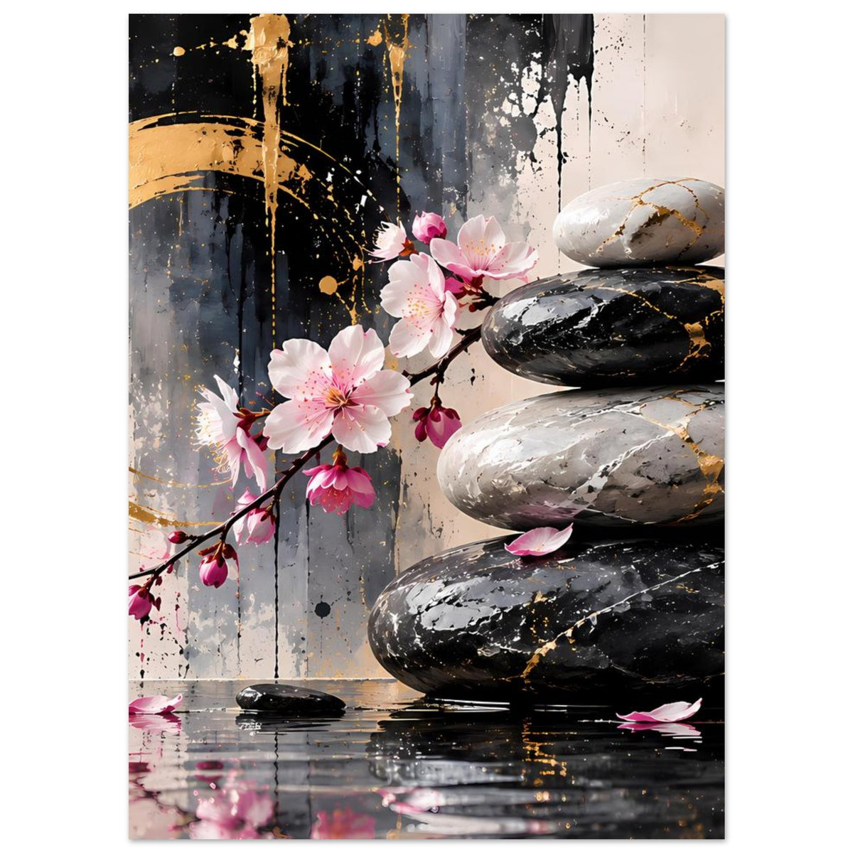 Wandposter mit Kirschblütenzweig, rosa Blüten und gestapelten schwarzen Steinen