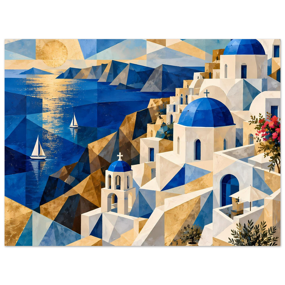 Geometrisches Wandposter mit Meer, Segelbooten, weißen Bauten und blauen Kuppeln, dazu Blumen rechts