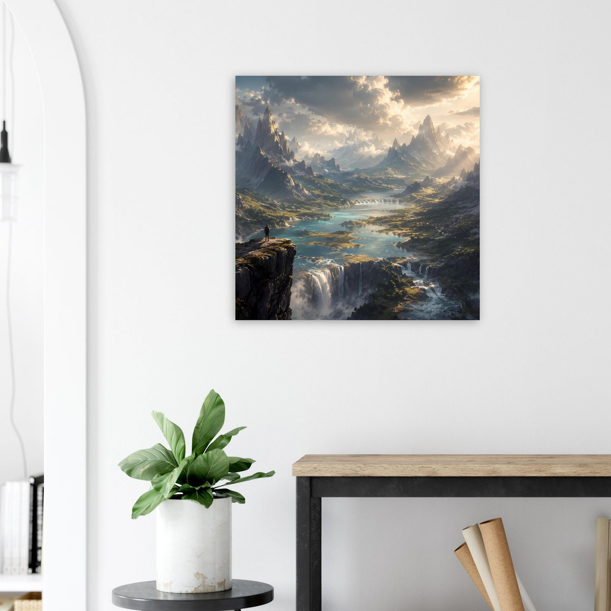 Quadratisches Wandposter mit Bergtal, Wasserfall und Fluss, Sonnenaufgang, schwarzer Rahmen