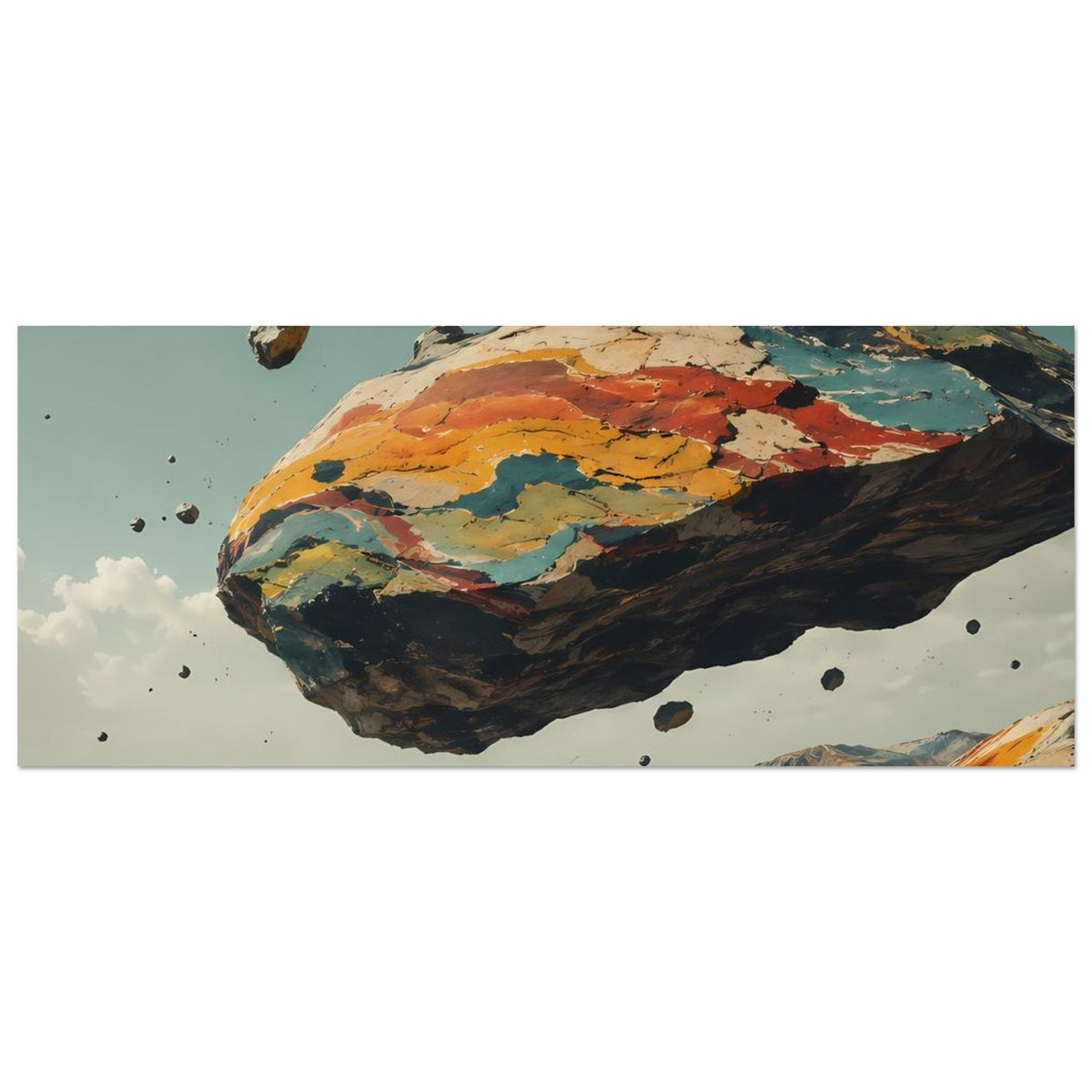 Querformat-Poster: schwebender Felsberg mit bunten Gesteinsstreifen, horizontal