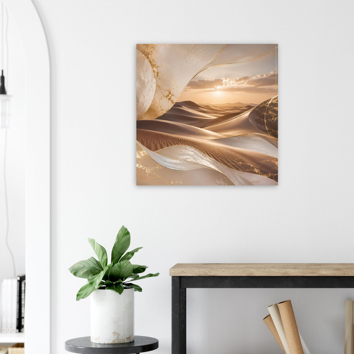 Quadratisches Poster mit Wüstenlandschaft, goldenen Reflexen und weichen Lichtschatten