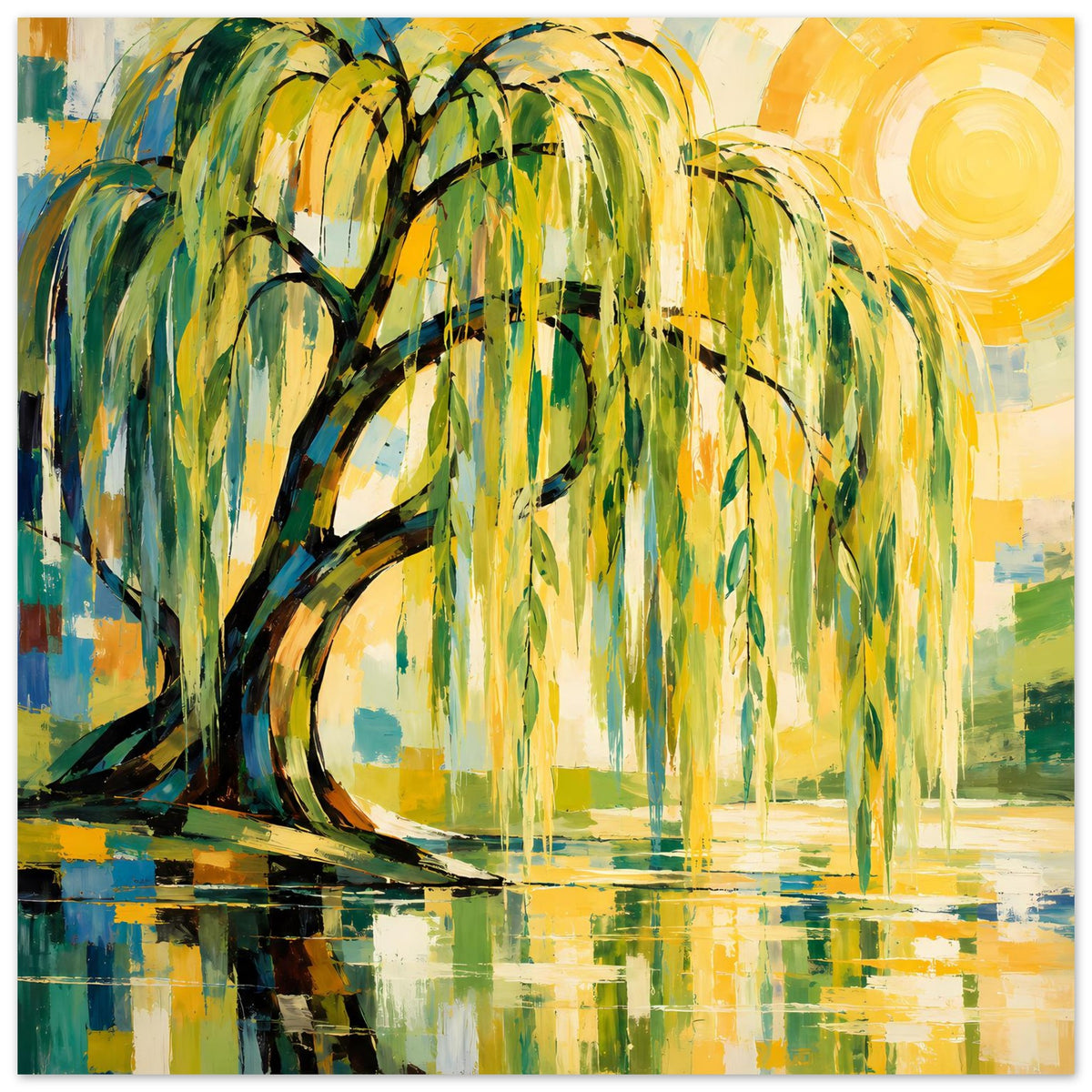 Nahaufnahme eines Posterbilds: Weidenbaum mit langen grünen Blättern, Sonne, Wasserreflexen
