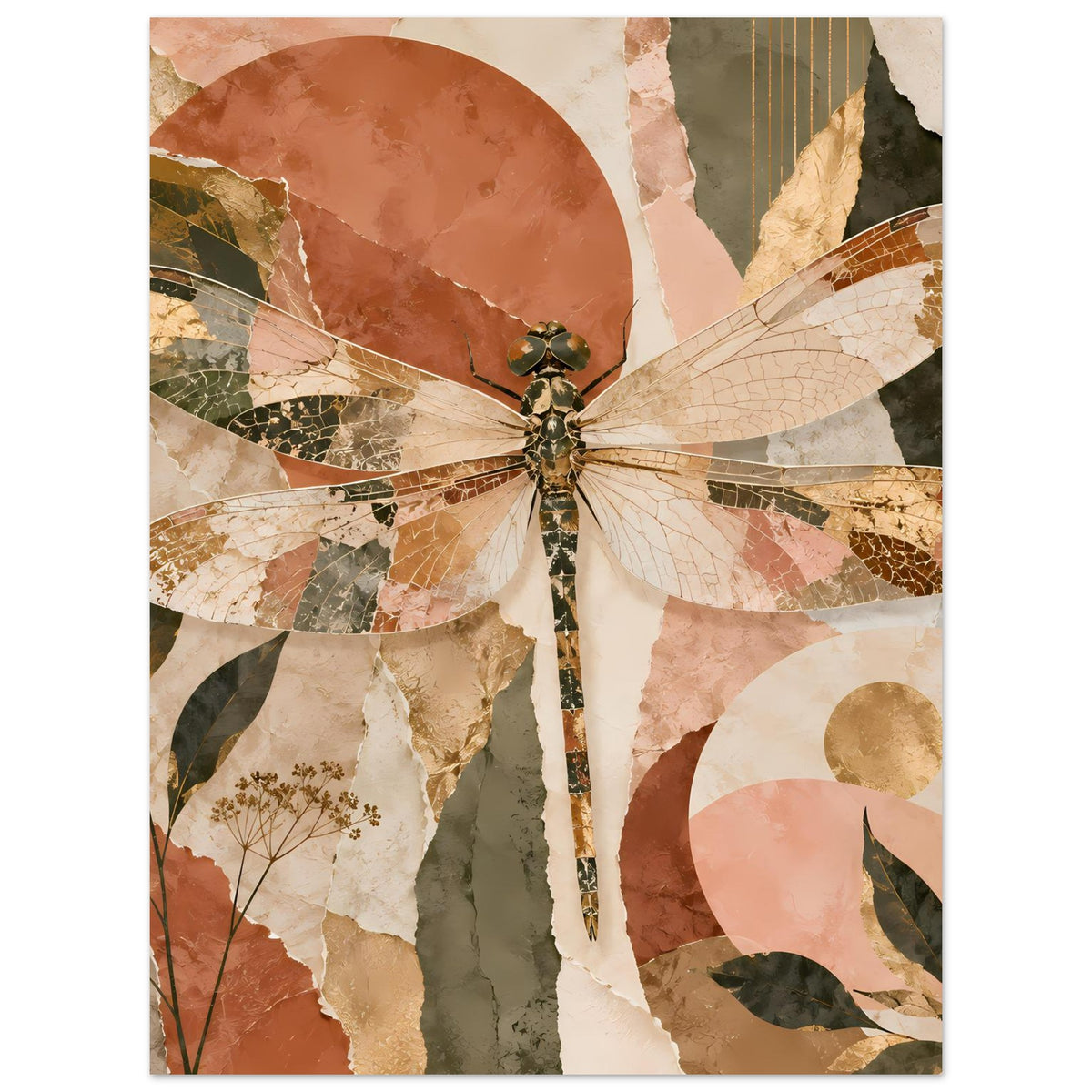 Libellen-Poster im Boho-Stil, hochformat: Libelle mit floralen Patchwork-Formen
