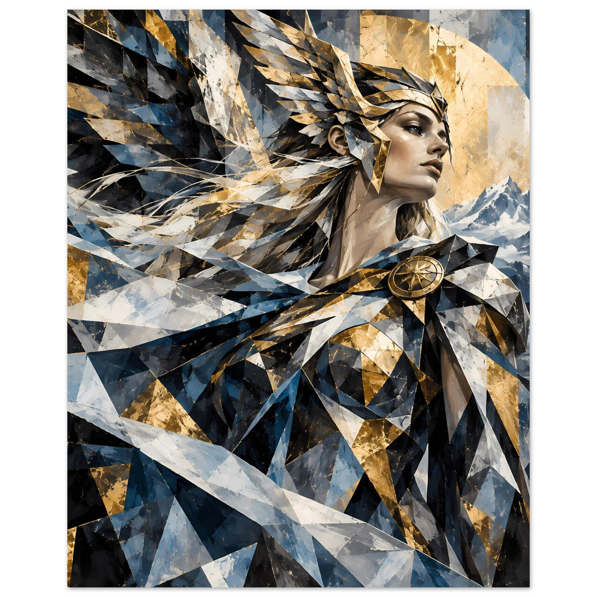 Vertikal ausgerichtetes Poster: Kriegerin im Profil, geometrische Dreiecke in Blau und Gold