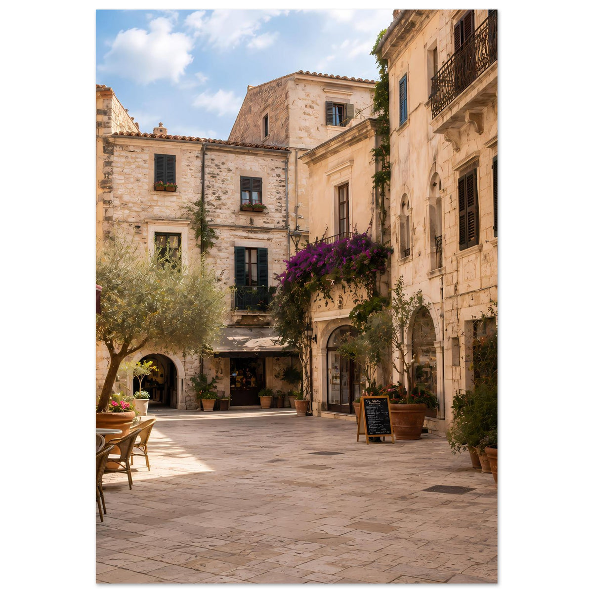Vertikales Poster mit mediterraner Altstadtgasse und Café im warmen Steinlook