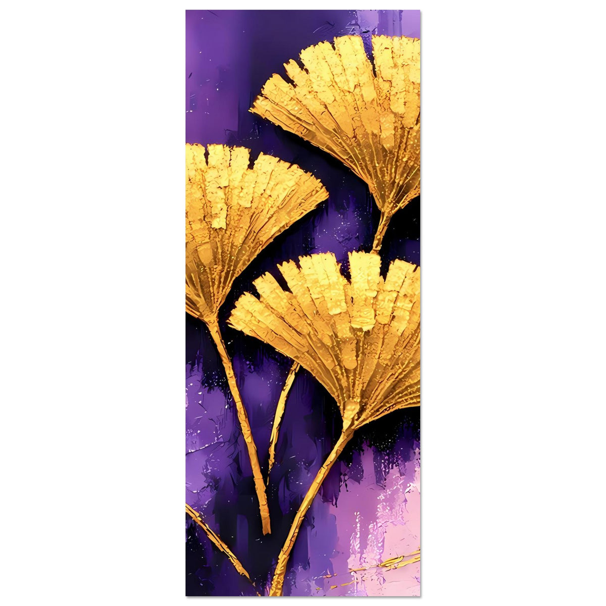 Vertikales Poster mit goldenen Ginkgo-Blättern auf violettem abstraktem Hintergrund, Detailmotiv