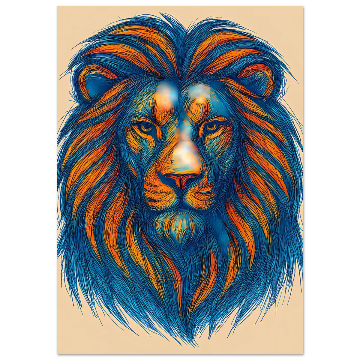Löwenkopf-Wandposter im Pop-Art-Look: blaues Fell, orange Akzentlinien
