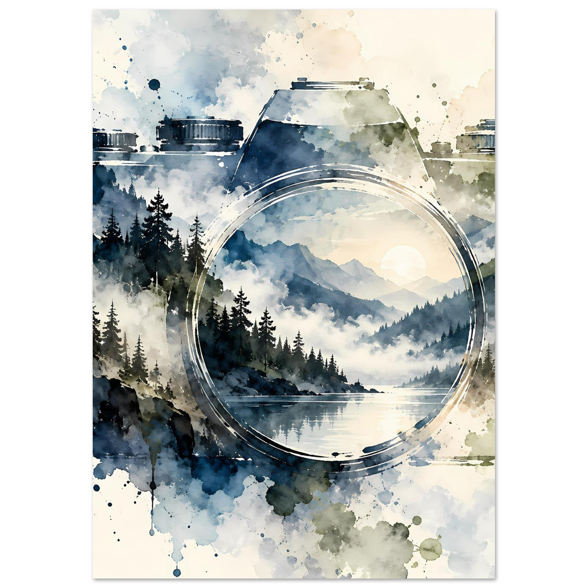 Hochformatiges Poster: Vintage-Kamera mit runder Linse, Berge, Wald und See