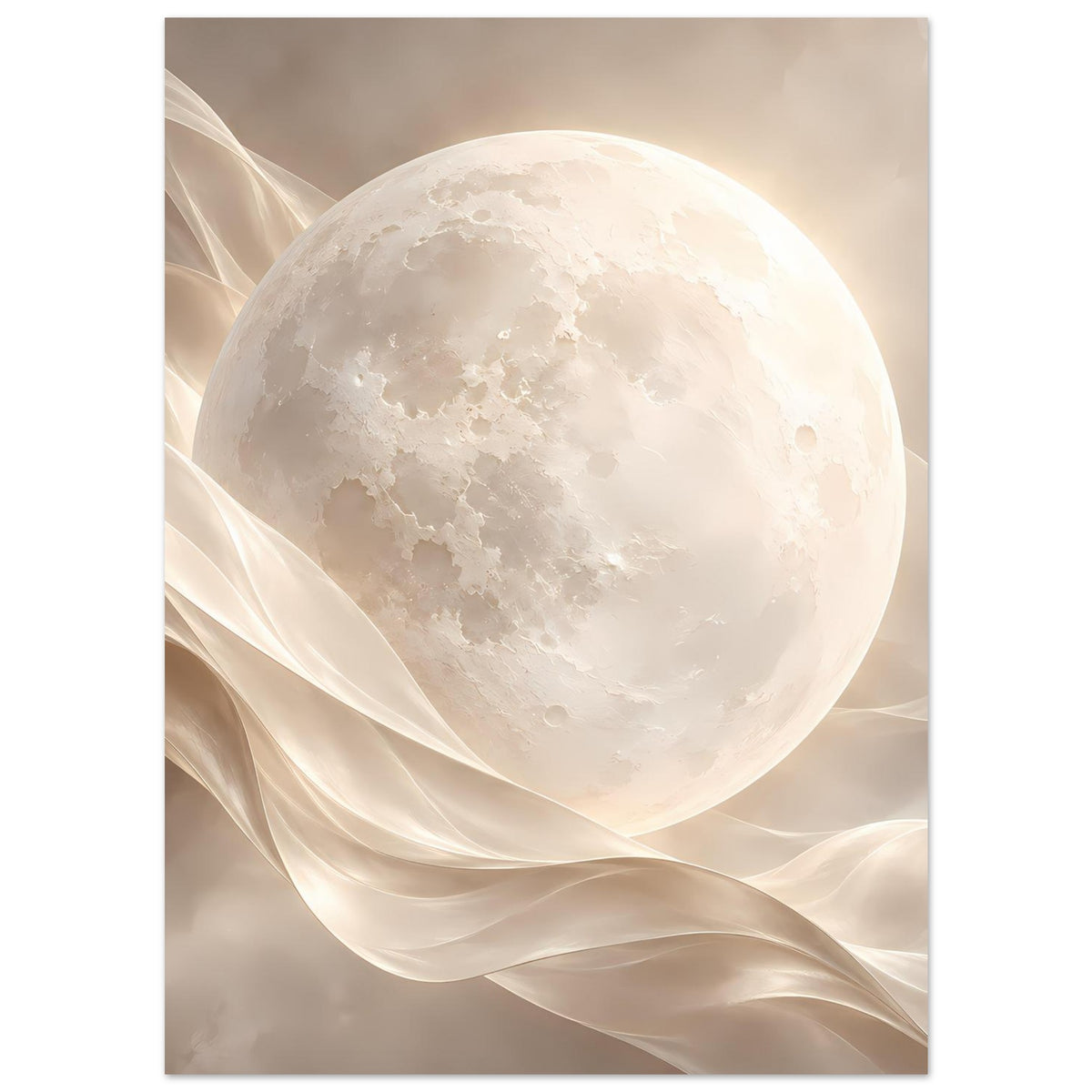 Kunstposter im Hochformat: leuchtender Mond mit texturierten Wolken und Fließband-Linien