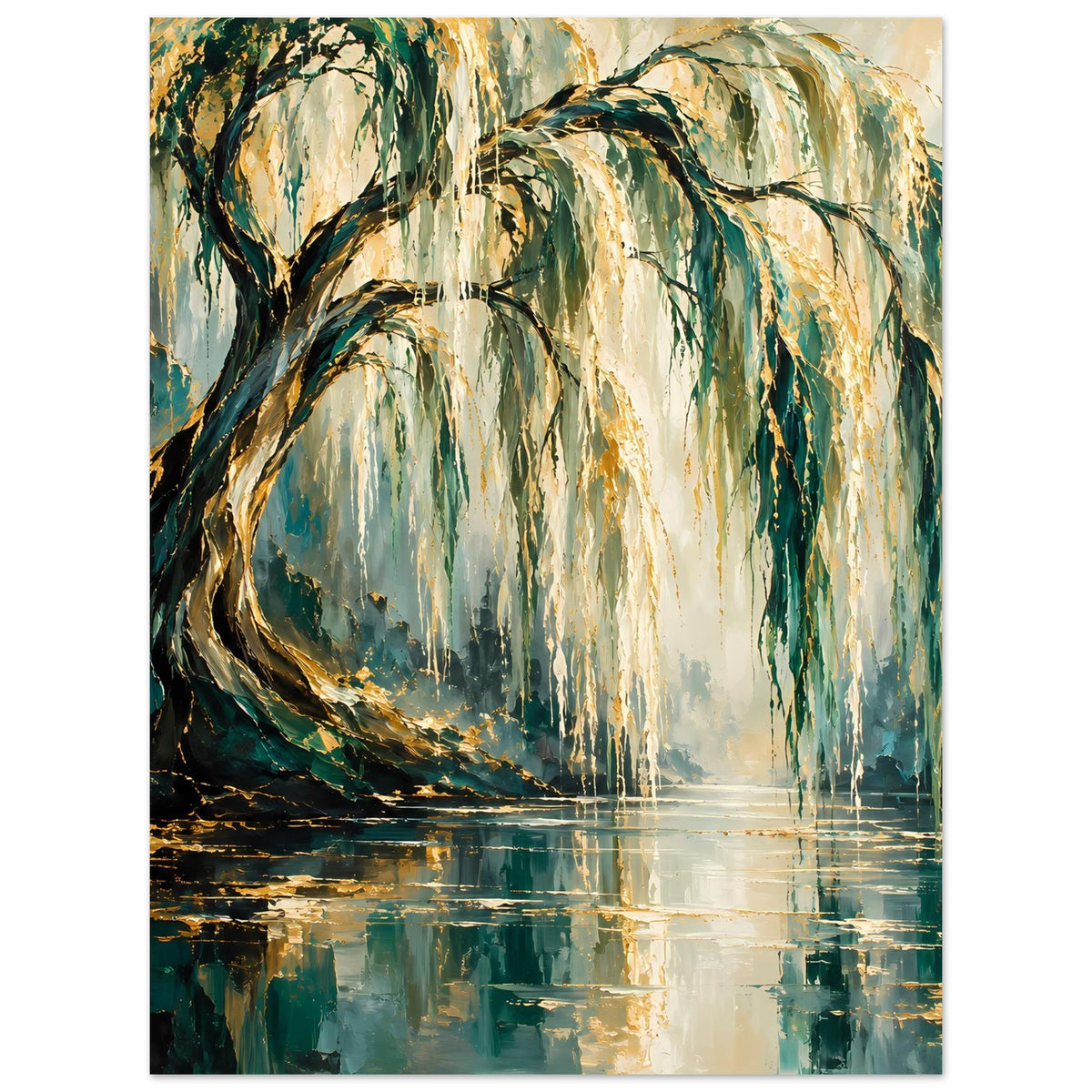 Poster mit Weidenbaum-Motiv in Grün-Gold, Äste nach unten und Lichtstreifen im Wasser.