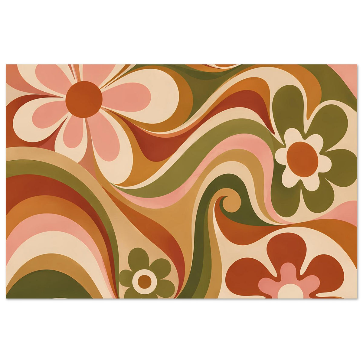 Florales Retro-Poster mit stilisierten Blüten und Kurven in Olivgrün, Orange und Creme, horizontal