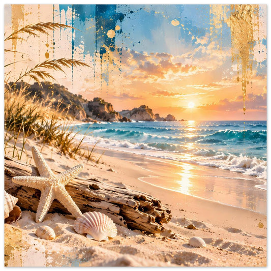 Strandposter mit goldenem Sonnenuntergang, Muscheln, Seestern und Treibholz am Strand
