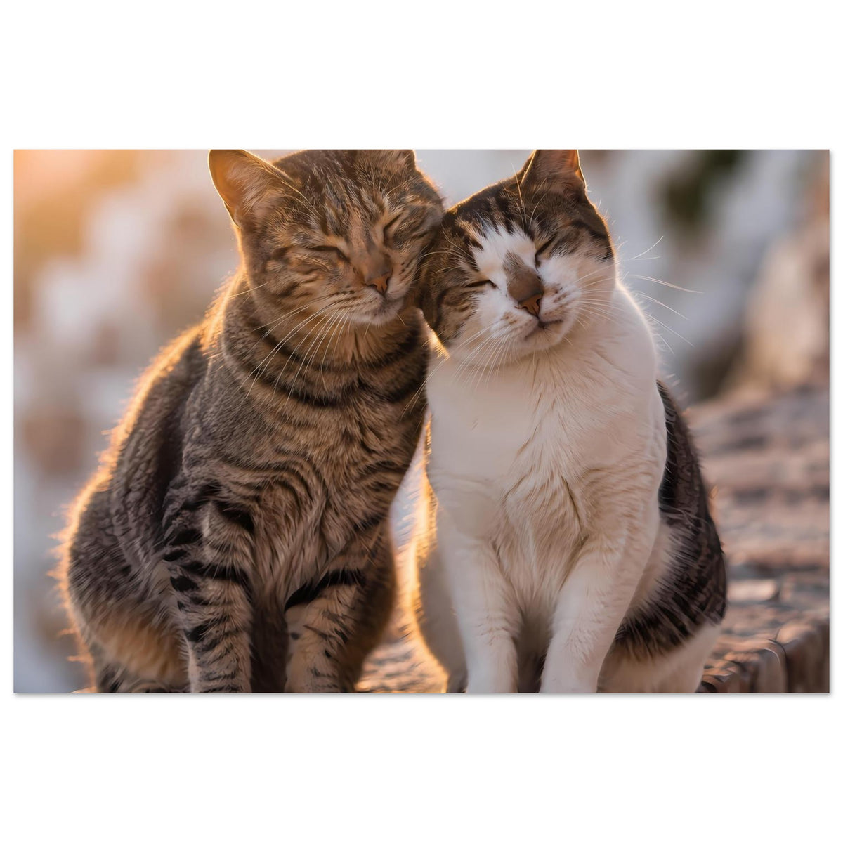 Querformat-Poster mit zwei kuschelnden Katzen, getigerter Grau-Braun- und weißer Katze
