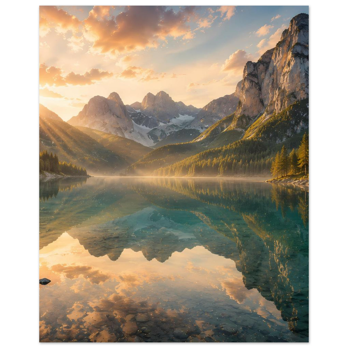 Kunstdruck mit Bergsee und Felswänden, sonnige Beleuchtung und Spiegelbild im Wasser