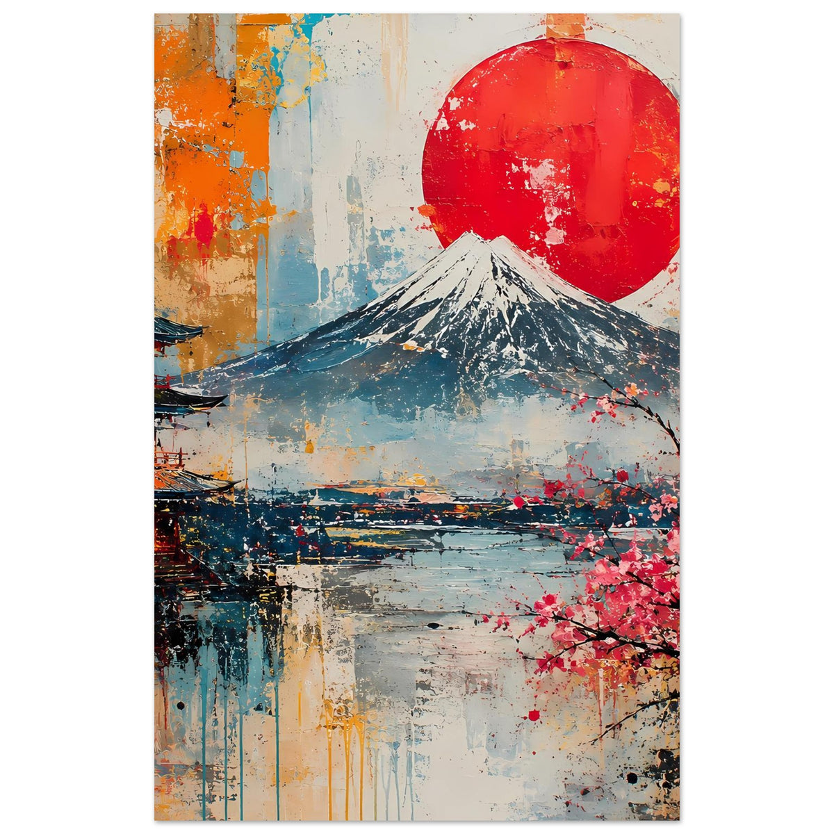 Poster im Hochformat mit Fuji, roter Sonne und Kirschblüten am unteren Rand