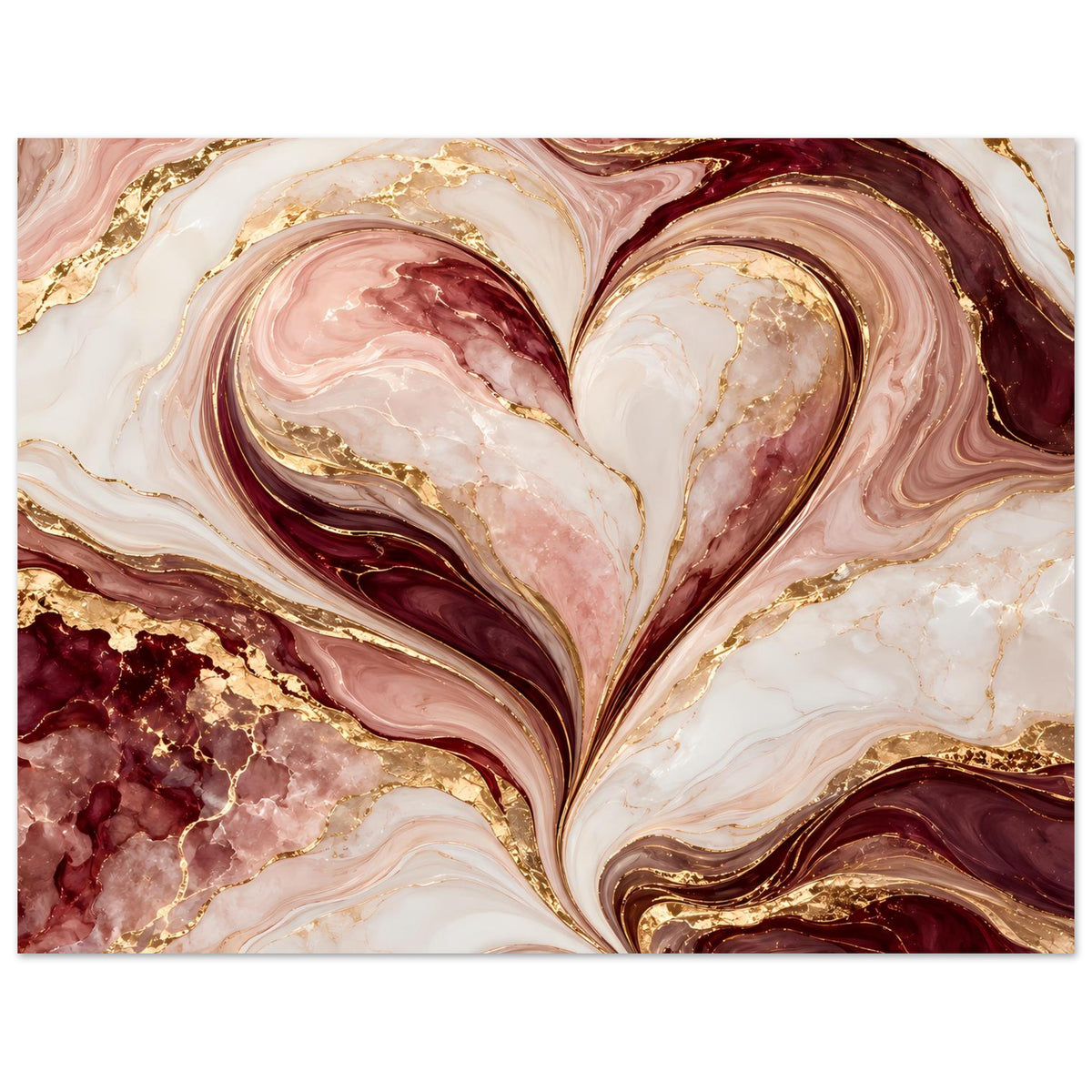 Horizontales Herz-Marmor-Poster in Rosé, Burgund und Gold