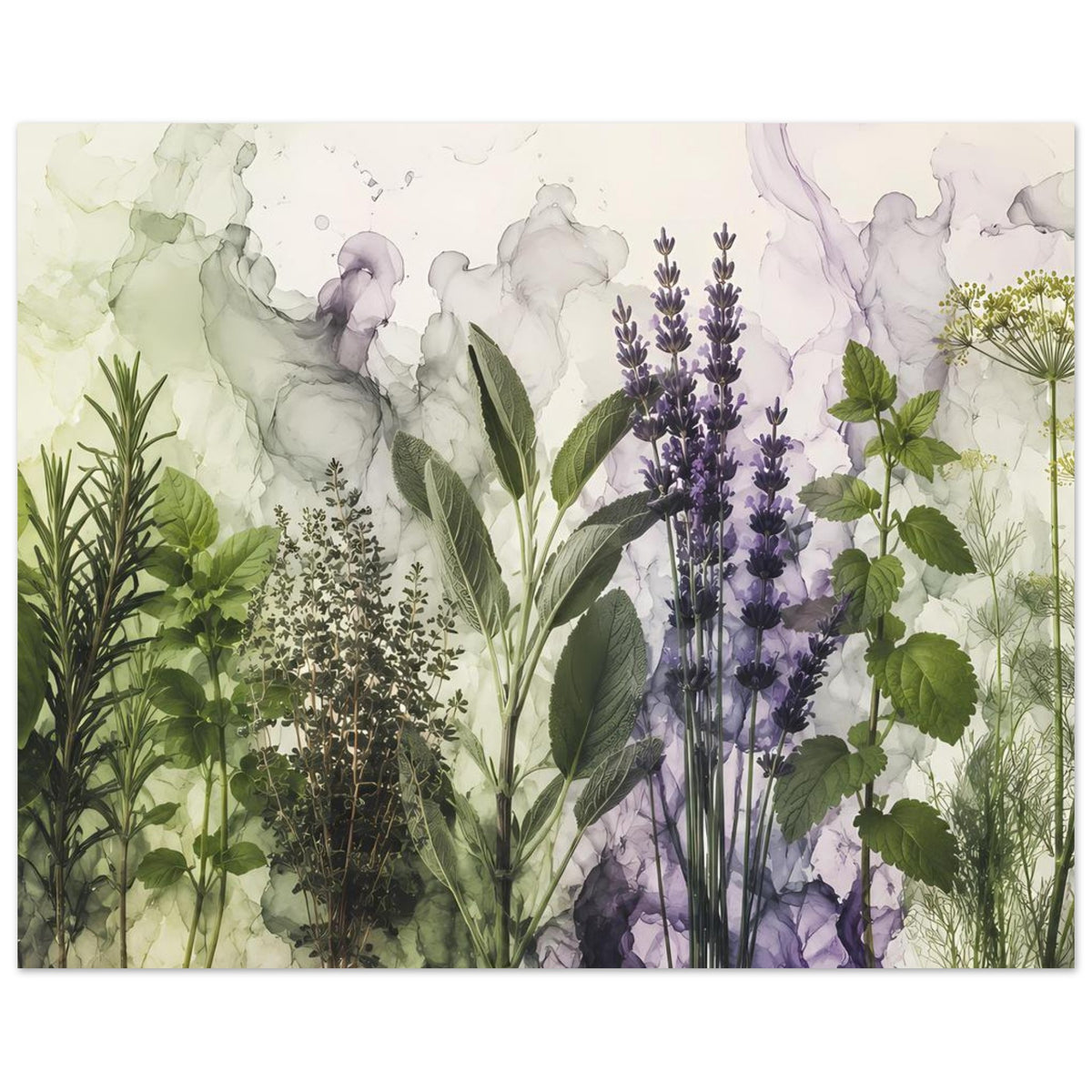 Kräuterposter im Aquarellstil mit Lavendelblüten und grünen Pflanzen