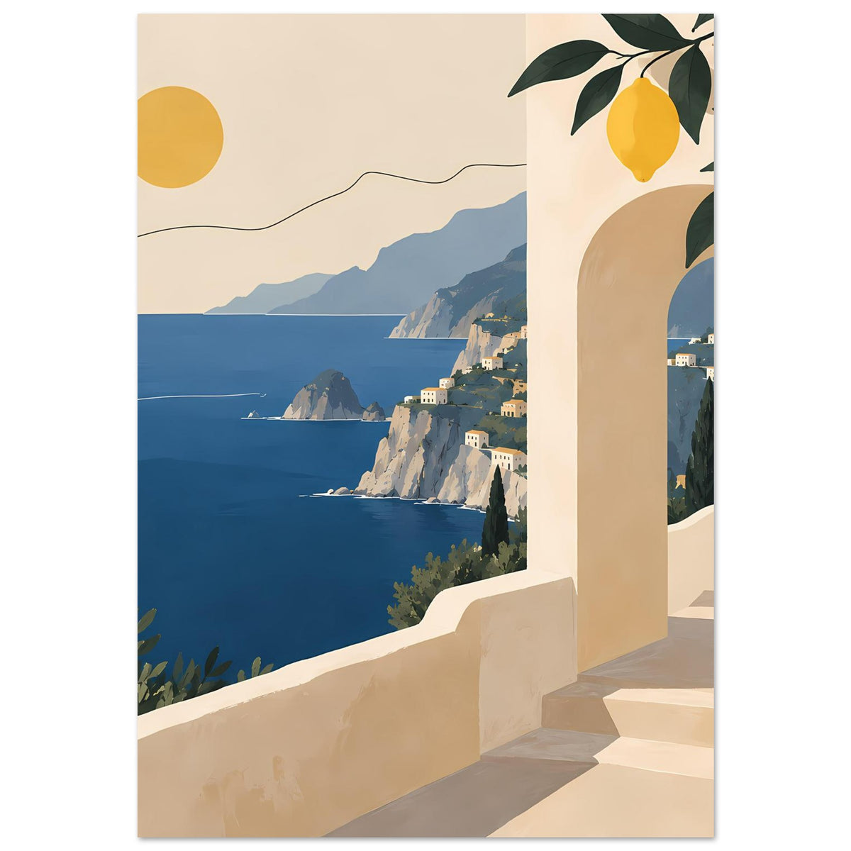 Mediterranes Landschaftsposter mit Zitronenast oben rechts, Klippenküste und Blick aufs Meer