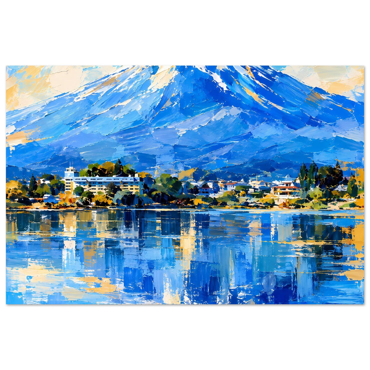 Querformat-Poster mit blauer Alpenlandschaft, Ortschaft am Wasser und spiegelnden Farben