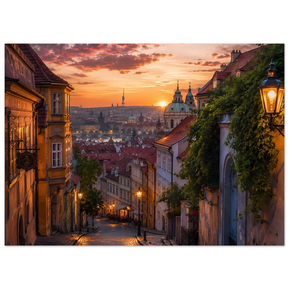 Horizontales Stadtlandschafts-Poster: Altstadtgasse bei Sonnenuntergang mit Laterne und Türmen.