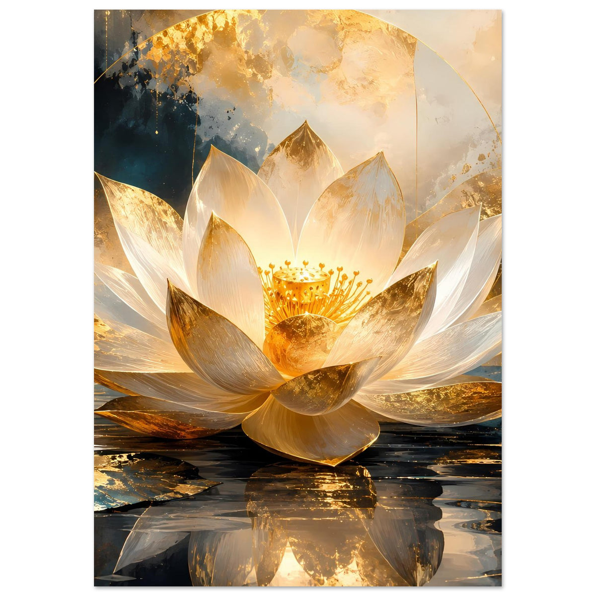 Kunstposter mit goldener Lotusblüte, weißen Blütenblättern und reflektierendem Wasser