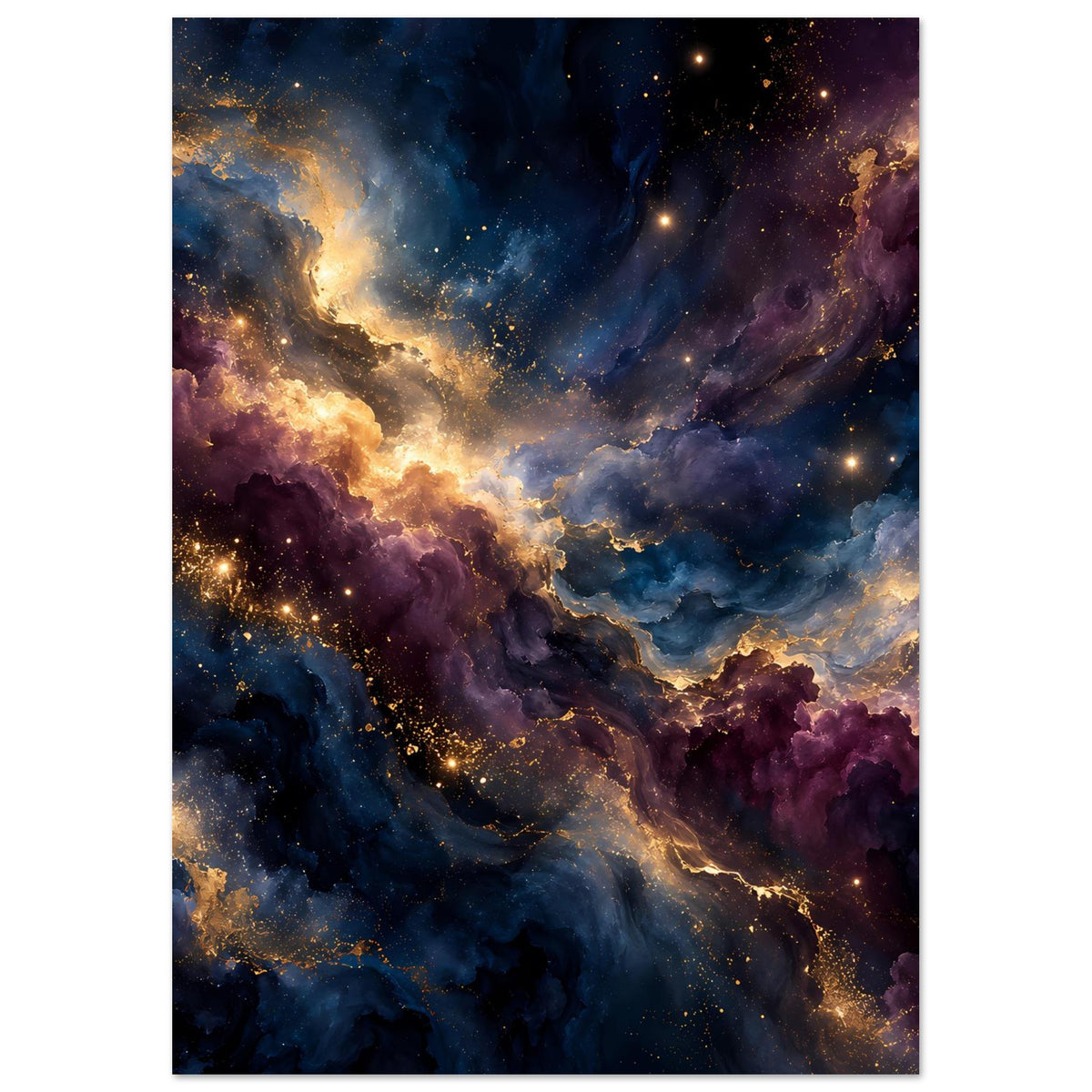 Vertikales Kunstposter mit Galaxie: leuchtende Staubbänder, violette Nebel, Sternenpunkte