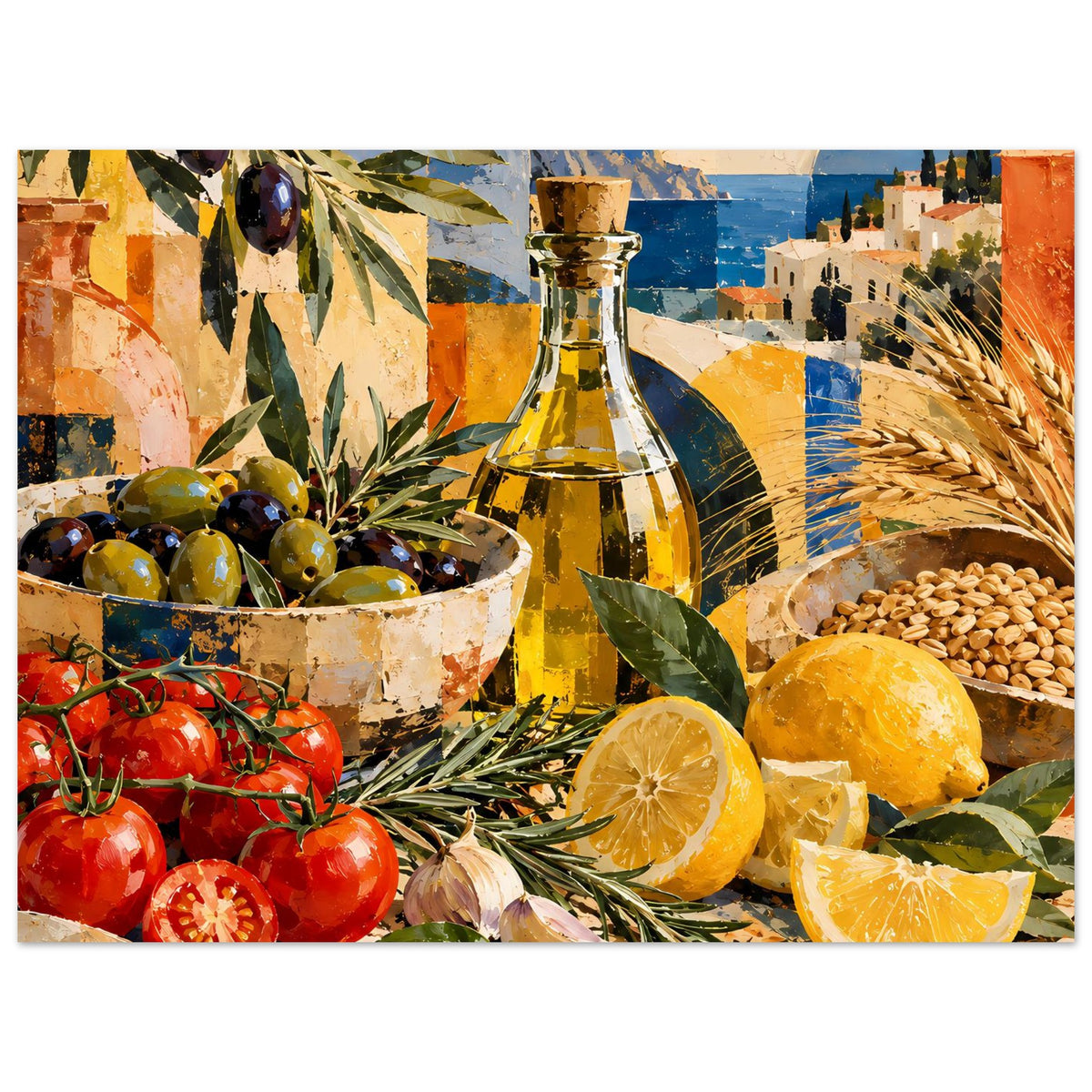 Kunstposter Stillleben: Ölgflasche, Oliven in Schale, Tomaten, Zitronenscheiben und Weizen