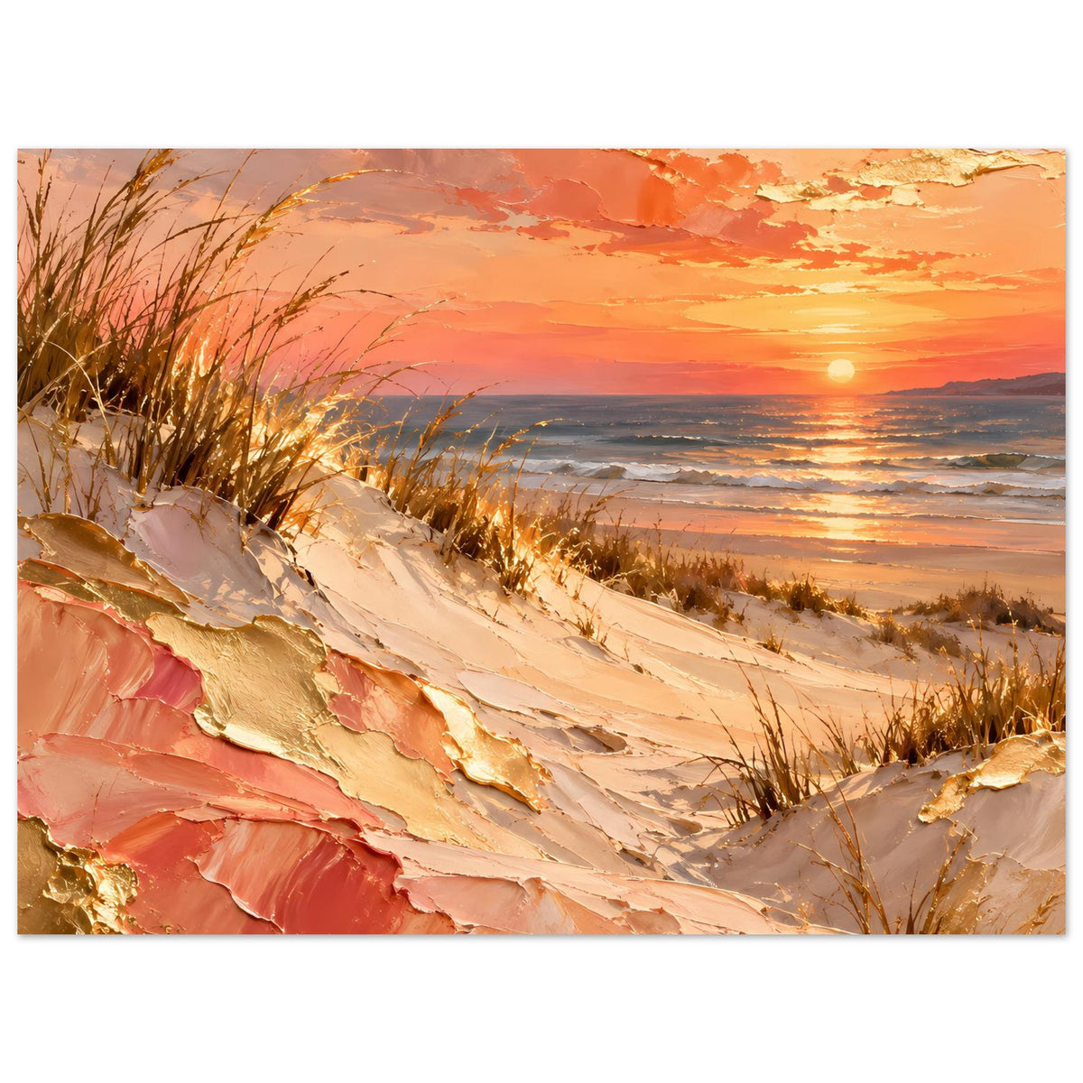 Meerposter mit Strandgras und Sonnenuntergang über dem Meer in Pfirsich und Gold