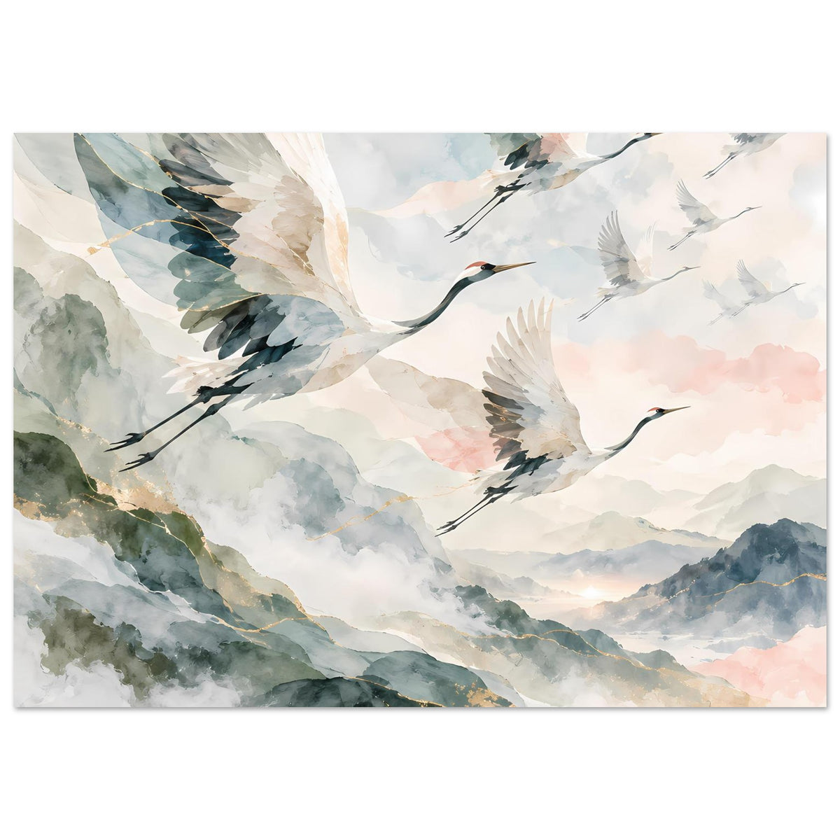 Horizontales Poster: fliegende Kraniche in Pastell-Aquarell, goldfarbene Akzentspur