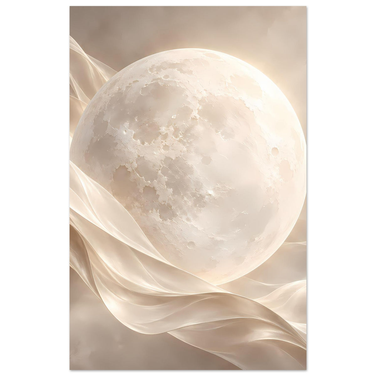 Poster im Hochformat: großer heller Mond über weichen, wogenden Stoffbahnen